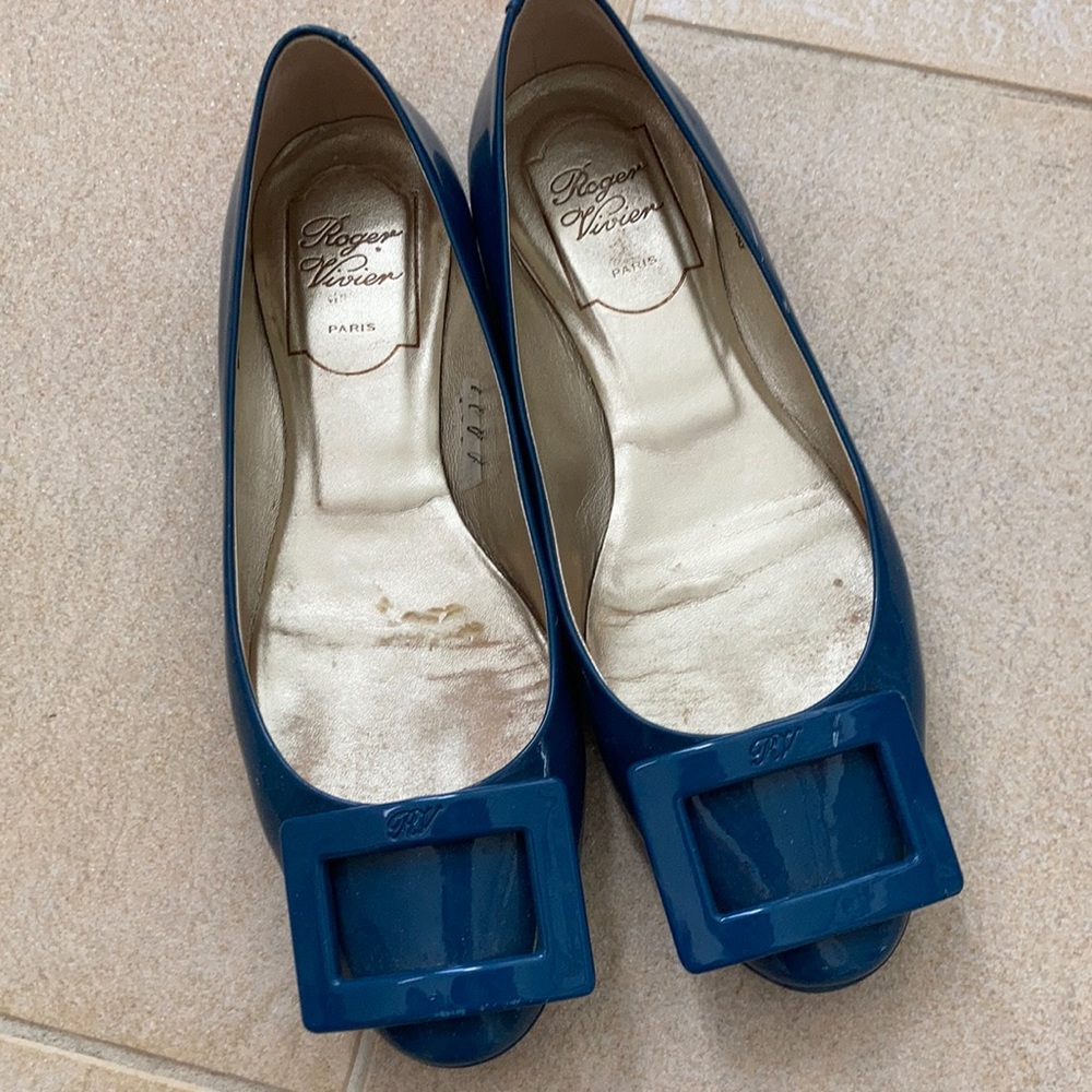 Roger Vivier Navy Patent Peep-Toe Flats with Signature Buckle